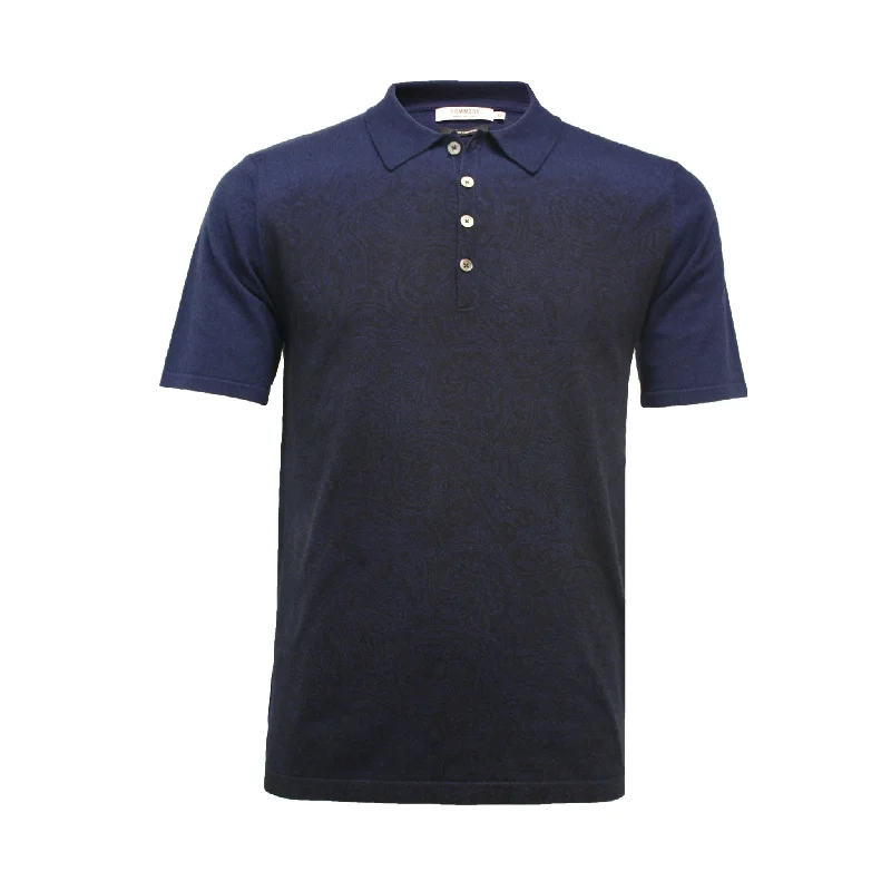 Navy Cashmere Printed Polo Shirt Tavarua in Cotton Cashmere