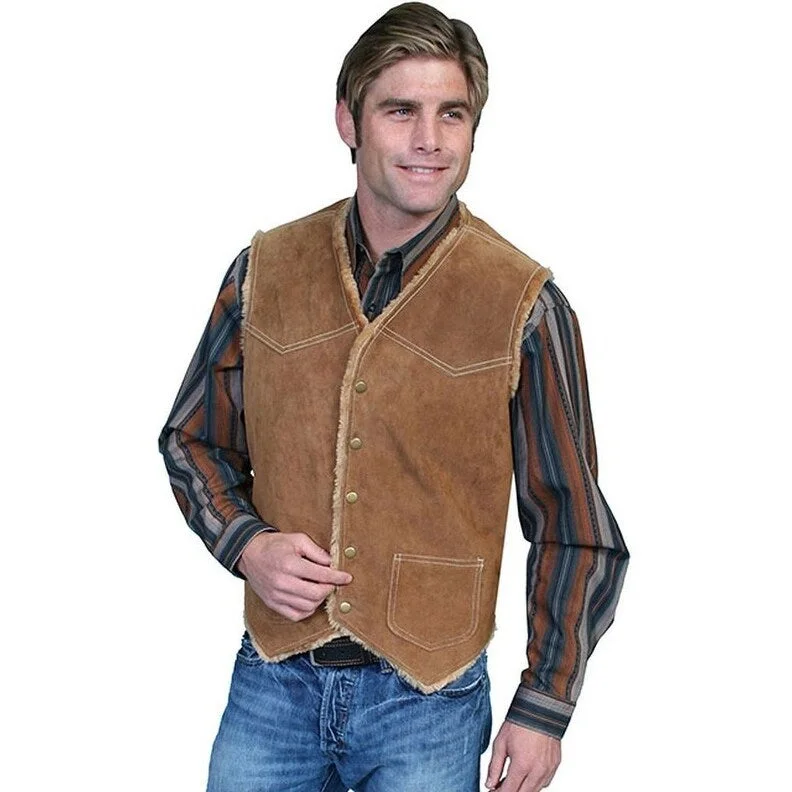 Scully Western Vest Mens Leather Button Front Faux Fur Pocket F0_82