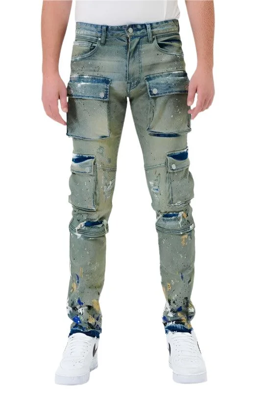 Mens Multi Cargo Slim Straight Denim Jeans