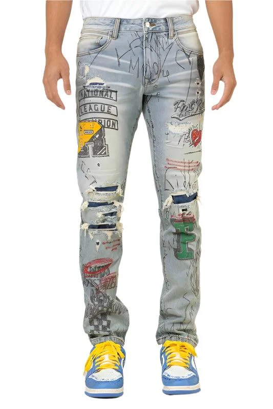 Mens All Over Doodling Slim Fit Denim Jeans