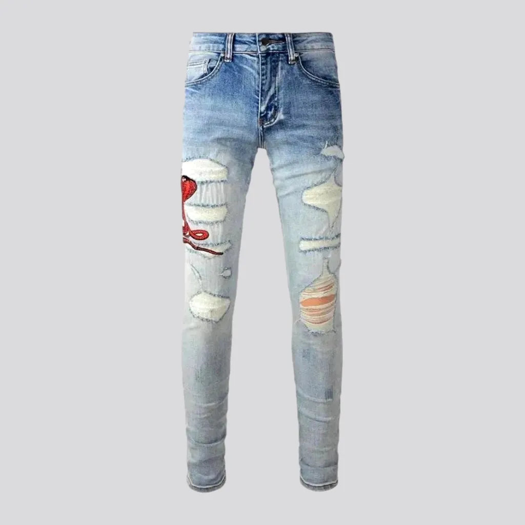 Sanded embroidered skinny red-cobra men's jeans