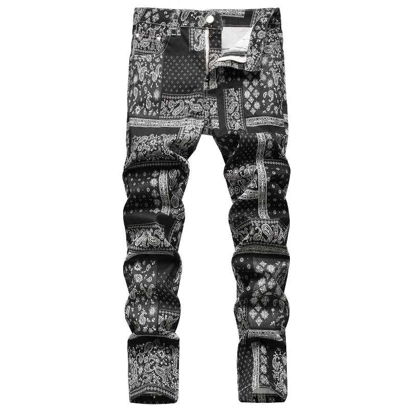 Mens Black Paisley Bandana Printed Jeans Fashion Pattern