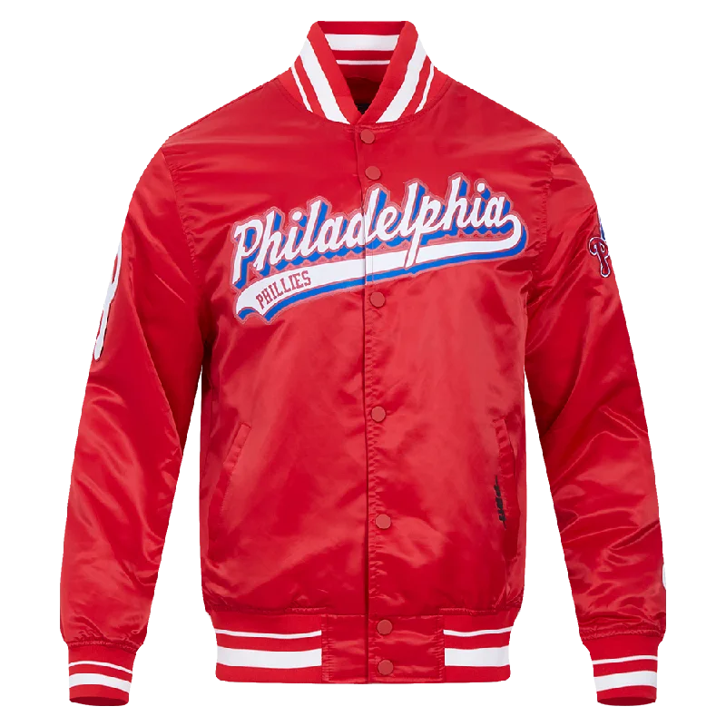 MLB PHILADELPHIA PHILLIES SCRIPT TAIL MEN'S SATIN JACKET (RED)