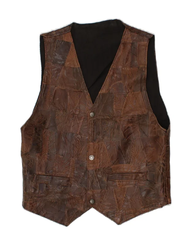 VINTAGE Mens Leather Waistcoat Small Brown Cotton