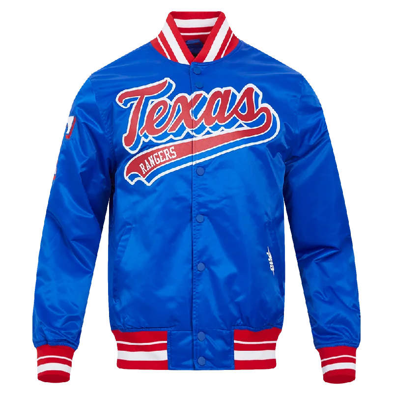 MLB TEXAS RANGERS SCRIPT TAIL MEN'S SATIN JACKET (ROYAL BLUE/RED)