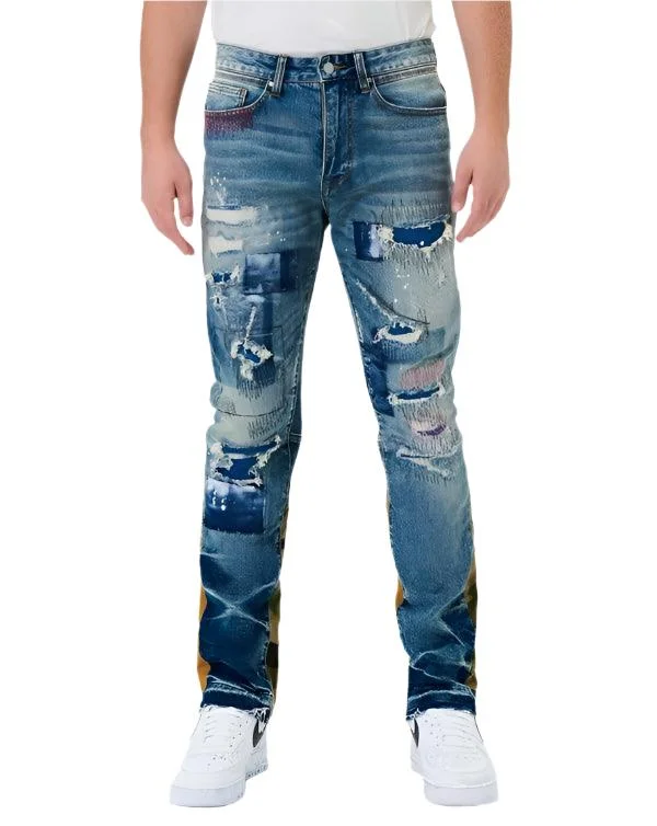 Mens Heavy Rip & Repair Slim Straight Leg Jeans