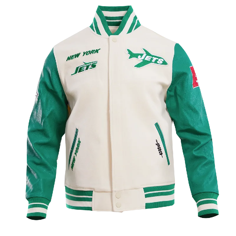 NFL NEW YORK JETS RETRO CLASSIC MEN'S RIB WOOL VARSITY JACKET (EGGSHELL/ KELLY GREEN)