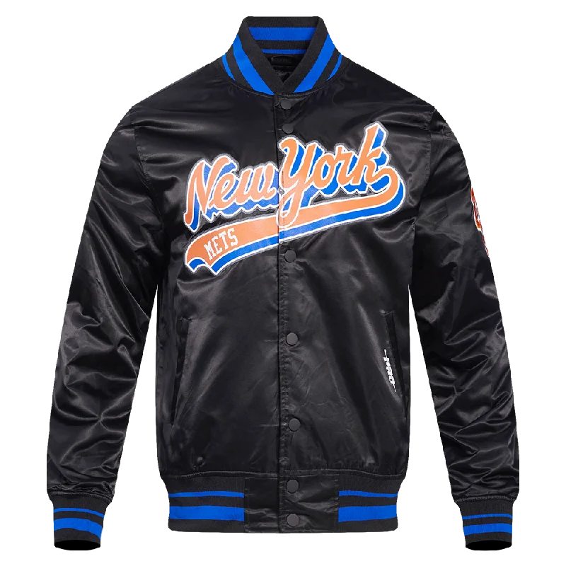 MLB NEW YORK METS SCRIPT TAIL MEN'S SATIN JACKET (BLACK/ROYAL BLUE/BLACK)