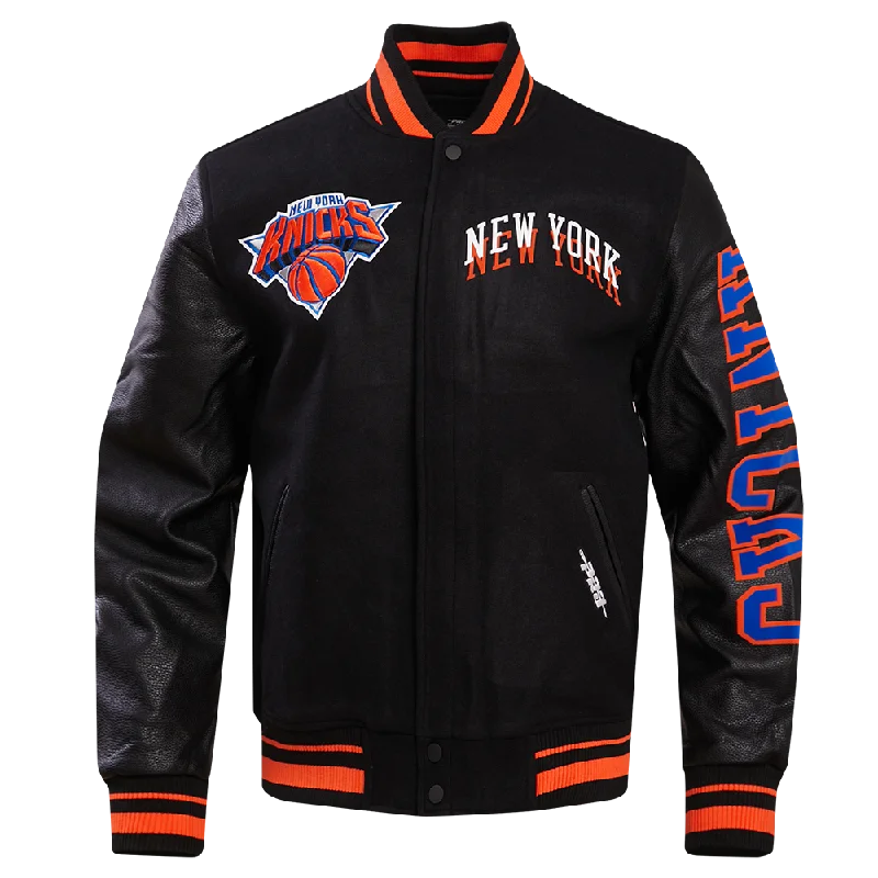 NBA NEW YORK KNICKS CHEST MEN'S LAYERED RIB WOOL VARSITY JACKET (BLACK/ORANGE)