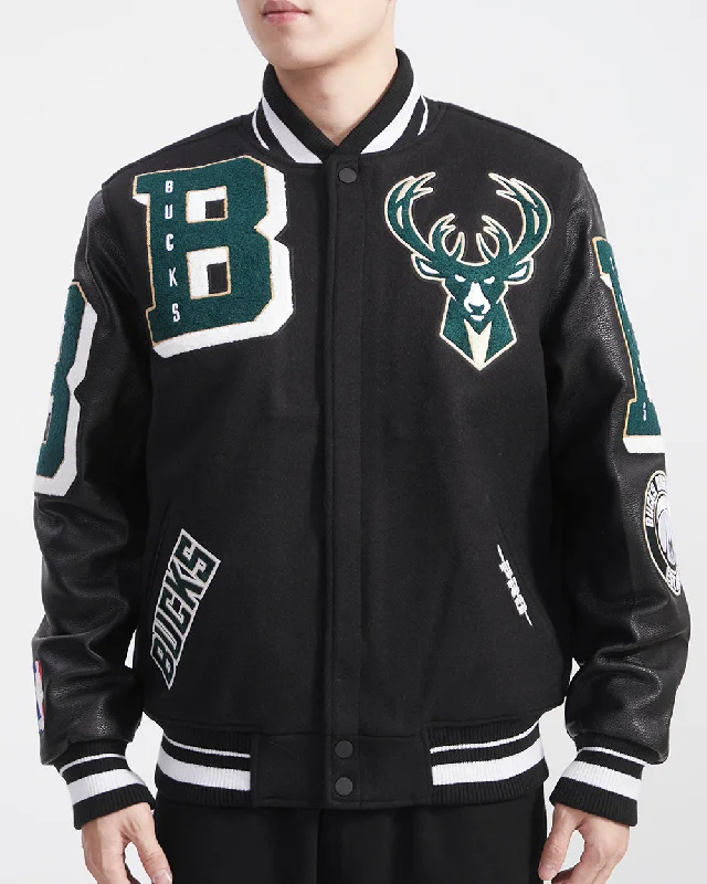 NBA MILWAUKEE BUCKS MASHUP MEN'S RIB WOOL VARSITY JACKET (BLACK)