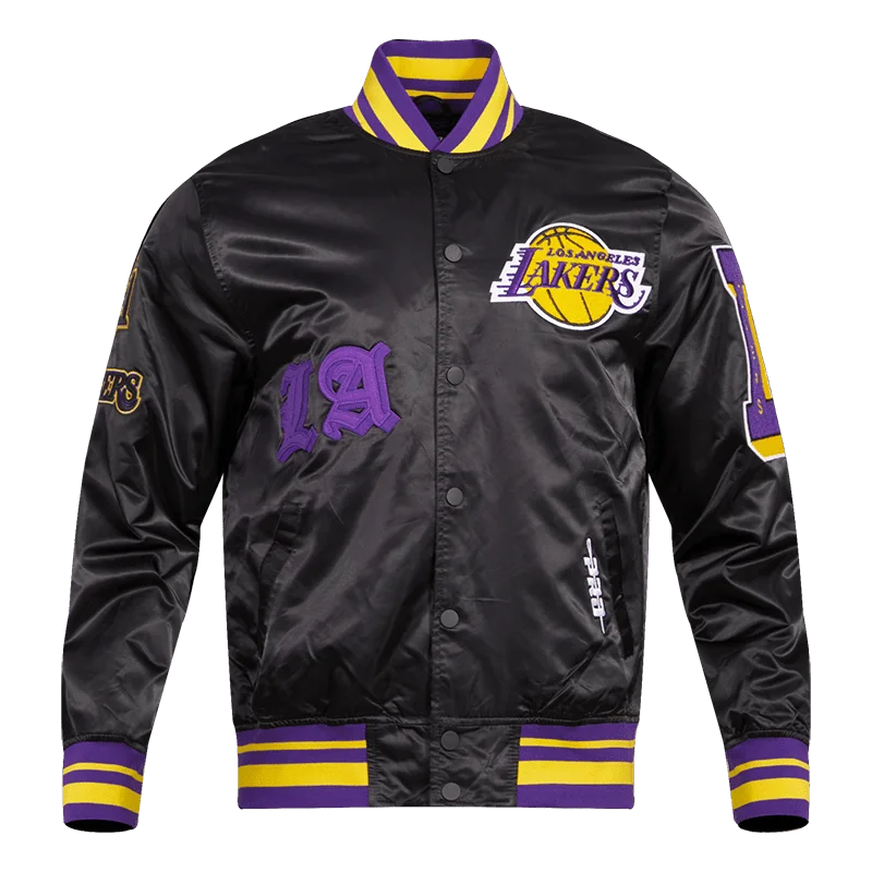 NBA LOS ANGELES LAKERS OLD ENGLISH LOGO MEN'S SATIN JACKET (BLACK/PURPLE)