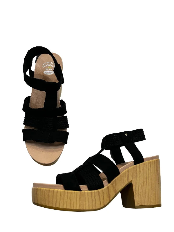 Contemporary Twist Black Sandals Heels Wedge Dr Scholls, Size 10