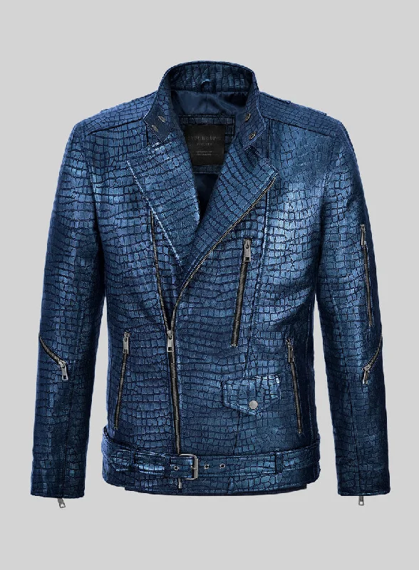 Enigmatic Croc Metallic Blue Leather Jacket