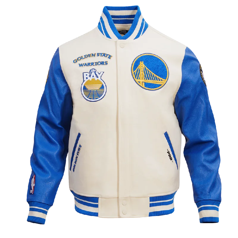 NBA GOLDEN STATE WARRIORS RETRO CLASSIC MEN'S RIB WOOL VARSITY JACKET (EGGSHELL/ROYAL BLUE)