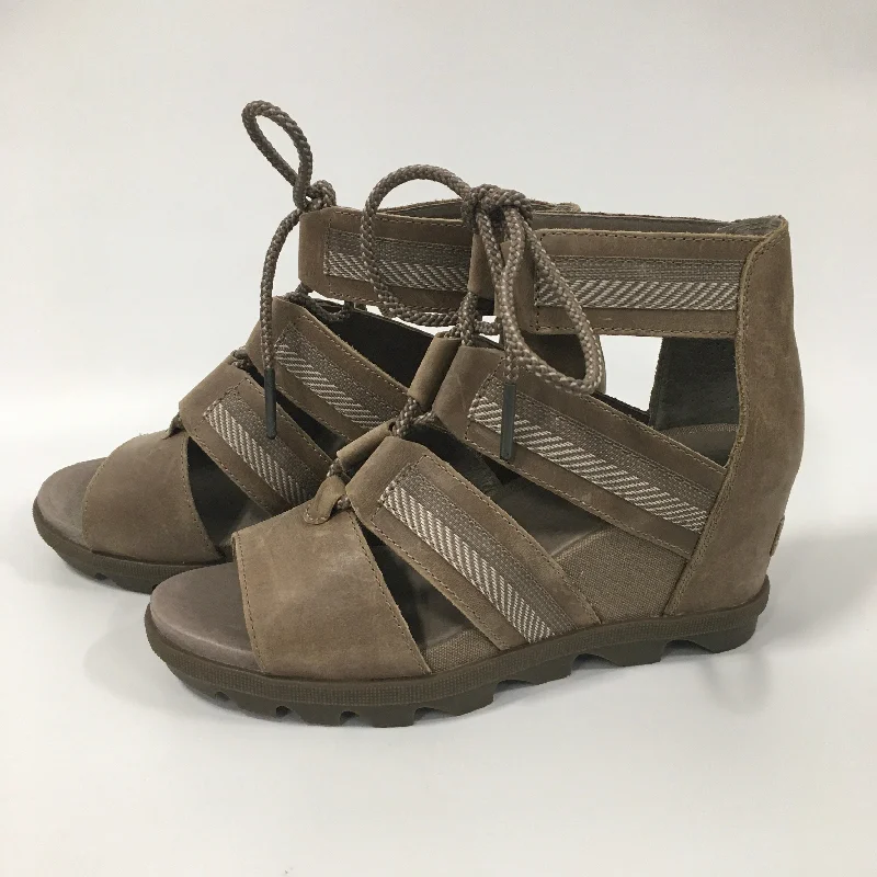 Premium Finish Tan Sandals Heels Wedge Sorel, Size 8