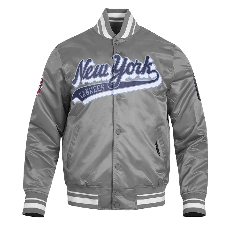 MLB NEW YORK YANKEES SCRIPT TAIL MEN'S RIB SATIN JACKET (GRAY)