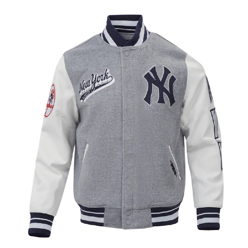 MLB NEW YORK YANKEES SCRIPT TAIL MEN'S RIB WOOL VARSITY JACKET (HEATHER GREY/WHITE/MIDNIGHT NAVY)