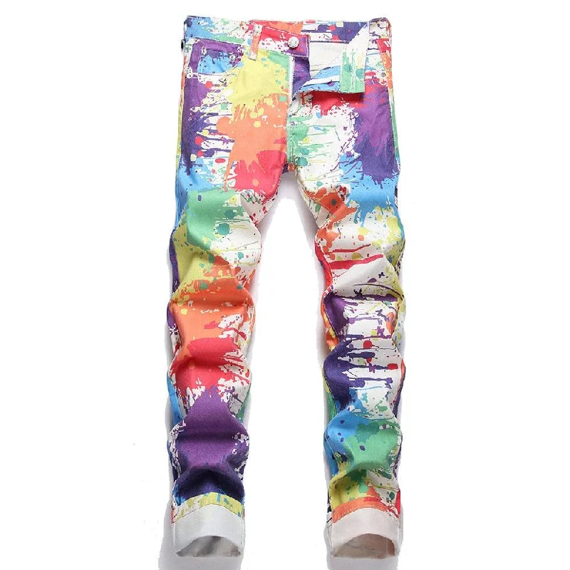 Mens Splattered Paint Jeans Trendy Stretch Denim White