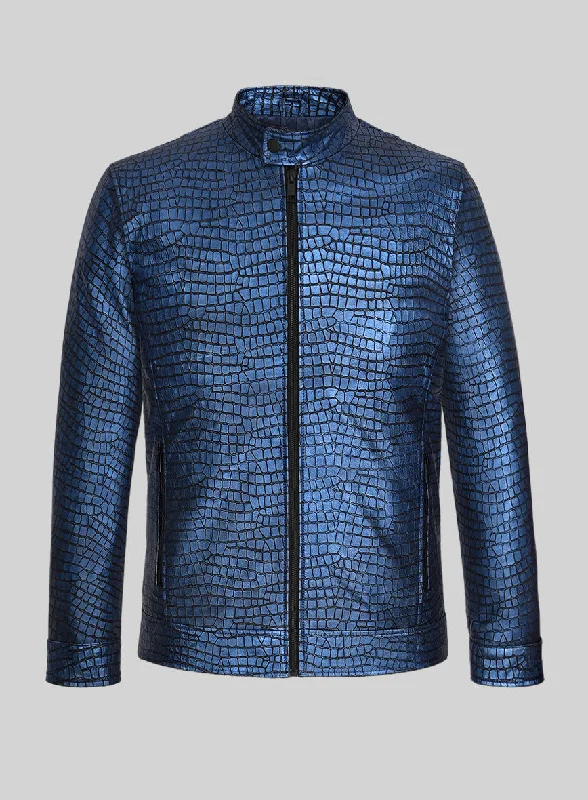 Lustrous Croc Metallic Blue Leather Jacket