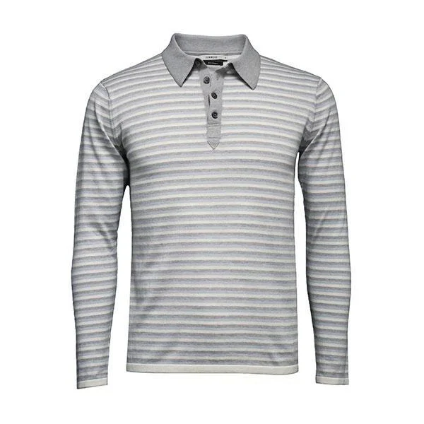 Blue grey Striped Long Sleeve Polo Shirt