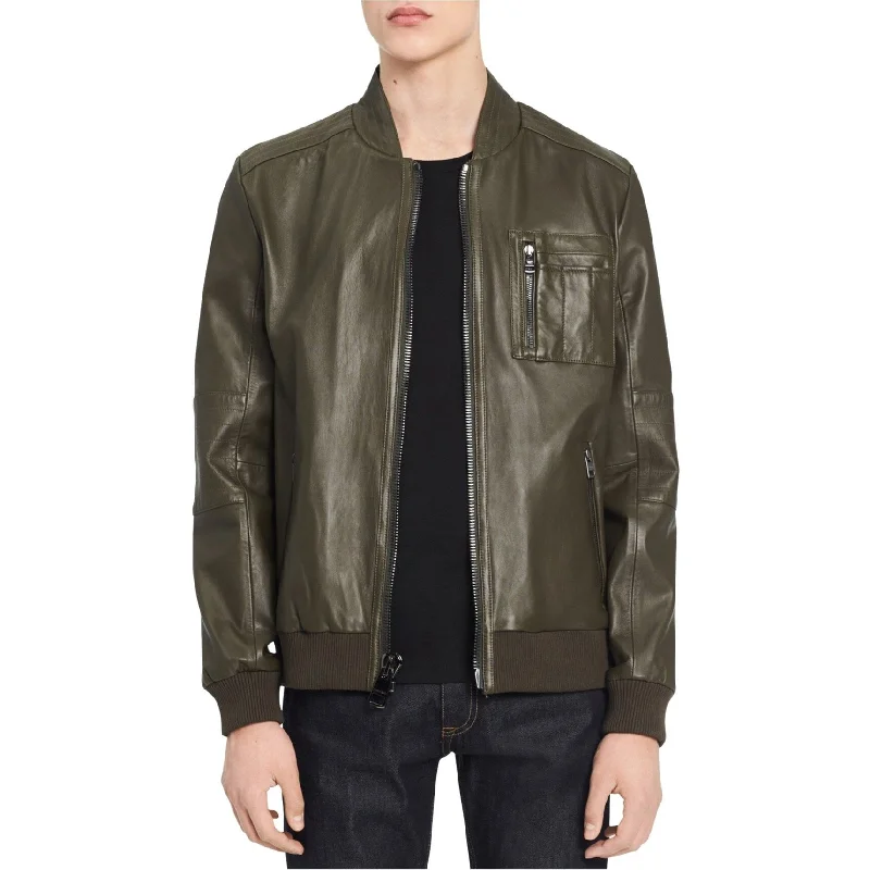 Calvin Klein Mens Genuine Leather Bomber Jacket, Green, X-Small