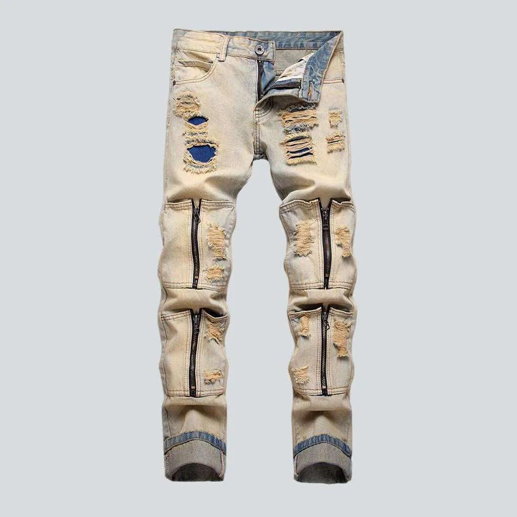 Distressed men's jeans with zippers