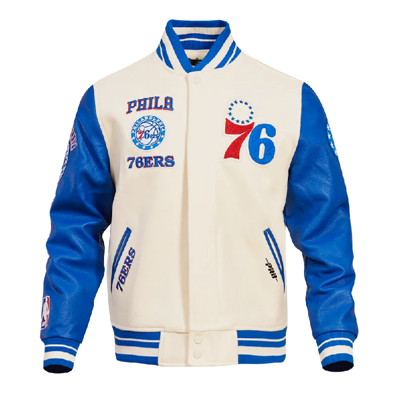 NBA PHILADELPHIA 76ERS RETRO CLASSIC MEN'S RIB WOOL VARSITY JACKET (EGGSHELL/ ROYAL BLUE)