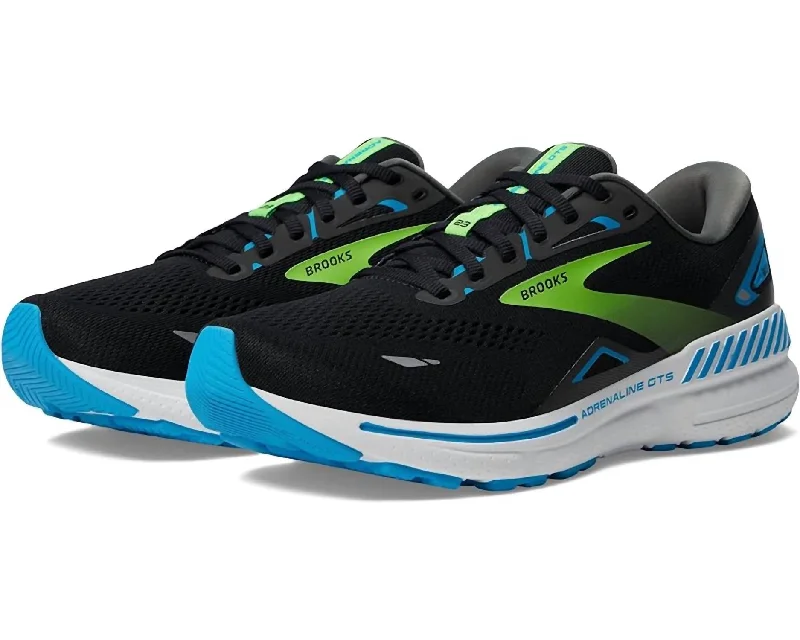 Chic Statement Men's Adrenaline Gts 23 Running Shoes ( D Width ) In Black/hawaiian Ocean /green