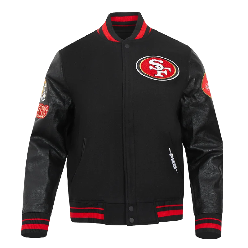 NFL SAN FRANCISCO 49ERS OLD ENGLISH MEN'S RIB WOOL VARSITY JACKET (BLACK/RED/BLACK)