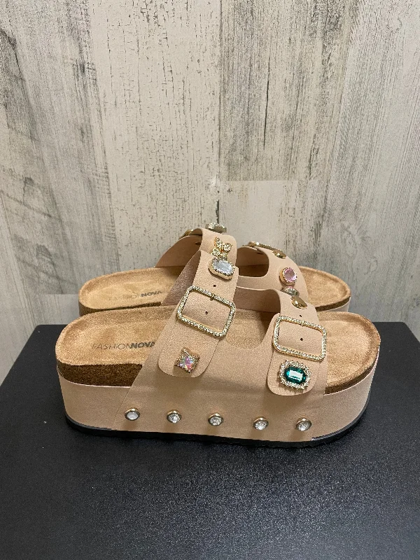 Premium Finish Tan Sandals Heels Block Fashion Nova, Size 7