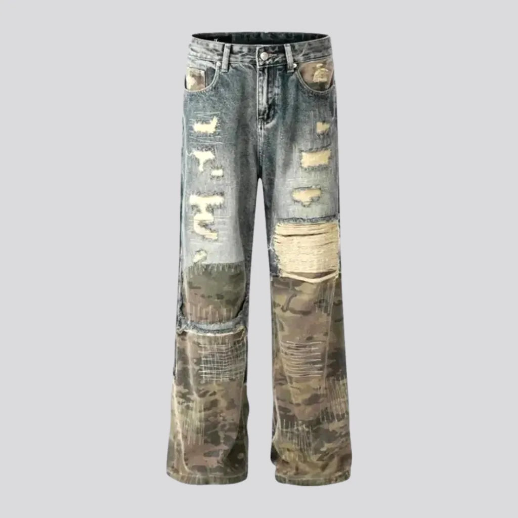 Retro patchwork camo men's jeans