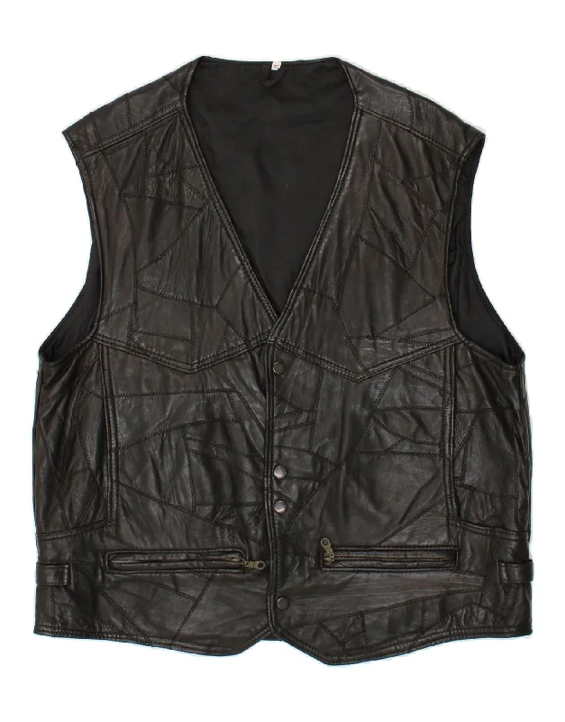 VINTAGE Mens Leather Waistcoat XL Black Patchwork Leather