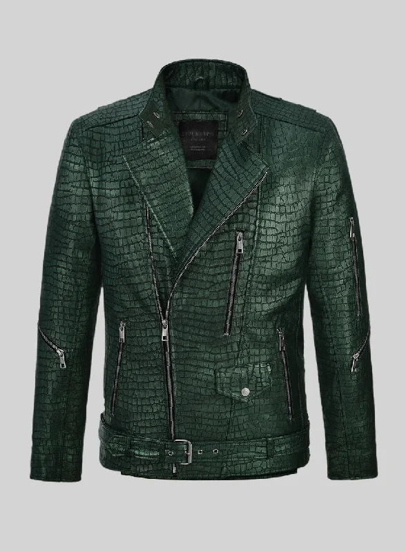 Enigmatic Croc Metallic Green Leather Jacket