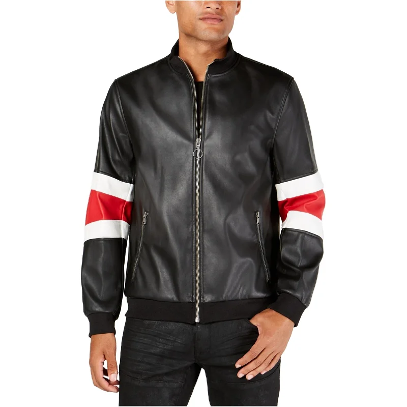 I-N-C Mens Stripe Faux-Leather Jacket, Black, Small