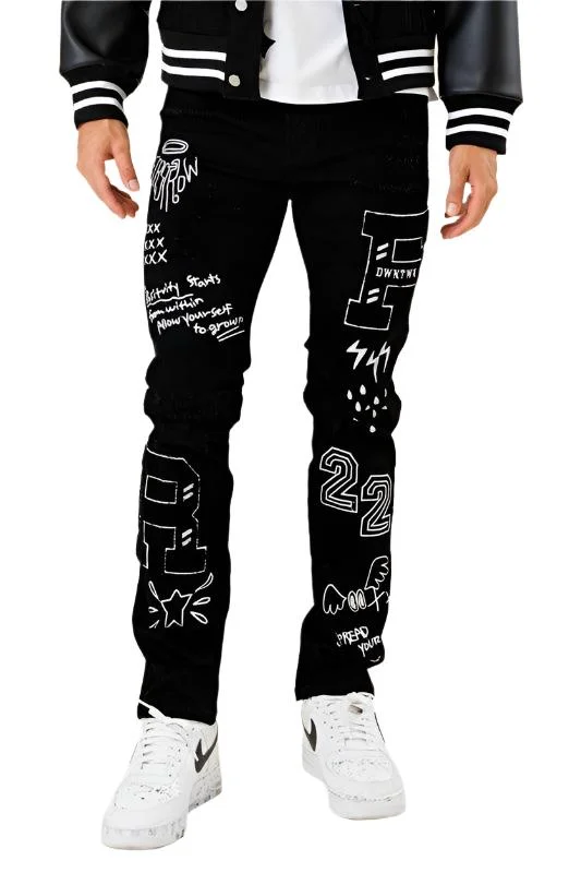 Mens Multi Patch Slim Fit Black Jeans