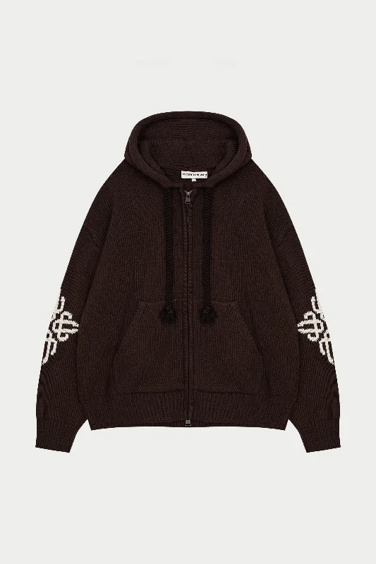 CHUNKY KNIT EMBLEM ZIP THROUGH HOODIE - CHOCOLATE