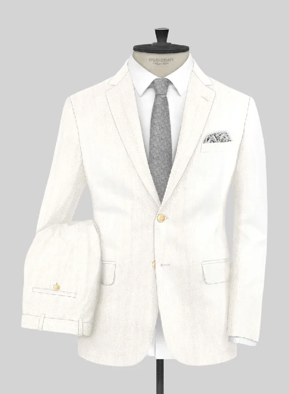 London Loom Ivory Herringbone Wool Silk Linen Suit