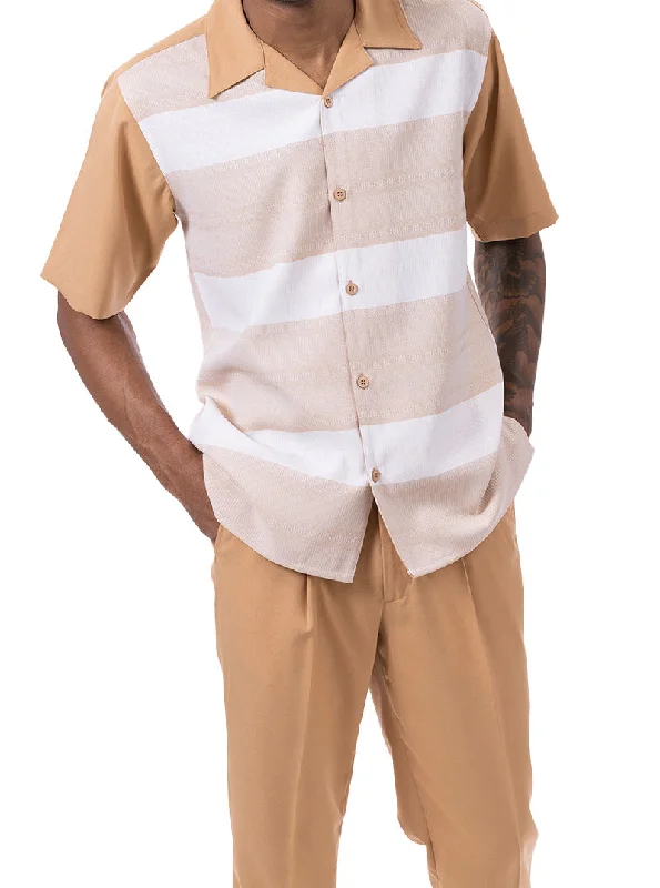 (M, XL, 3XL) Tan Horizontal Stripes Design 2 Piece Short Sleeve Walking Suit Set