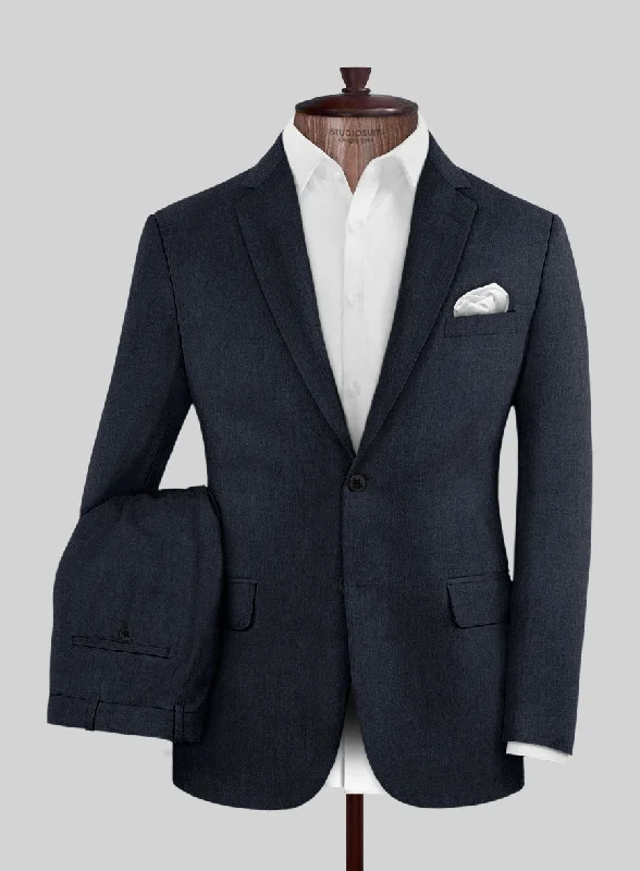 Noble Dark Blue Wool Silk Linen Suit