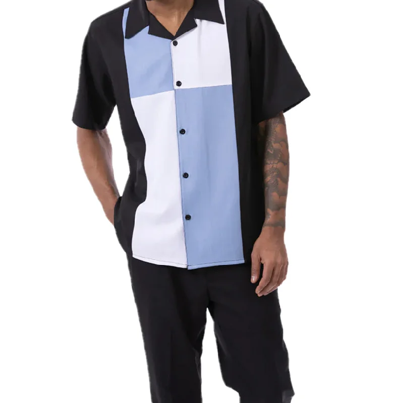 (L, XL) Carolina Blue Color Block Walking Suit 2 Piece Short Sleeve Set