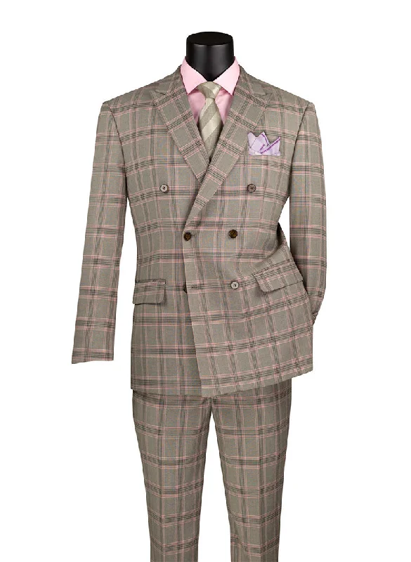 Light Taupe Modern Fit Double Breasted Glen Plaid Peak Lapel 2 Piece Suit