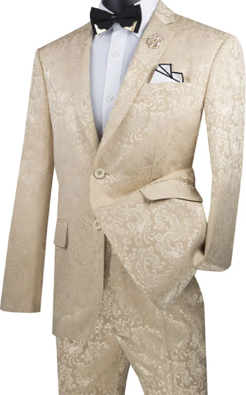 Beige Tone on Tone Paisley Pattern Slim Fit Men's 2 Piece Suit 2 Button