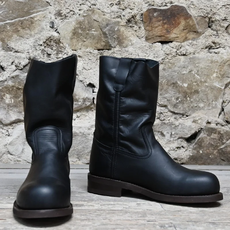 Couture Vibes Nutted Calf Men's Lettuce Picker Trucker Steel Toe 9" Top with Black Cowhide Vamp and Top, Brown Cork-Rubber Sole