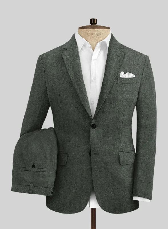 Italian Prato Olive Green Herringbone Linen Suit