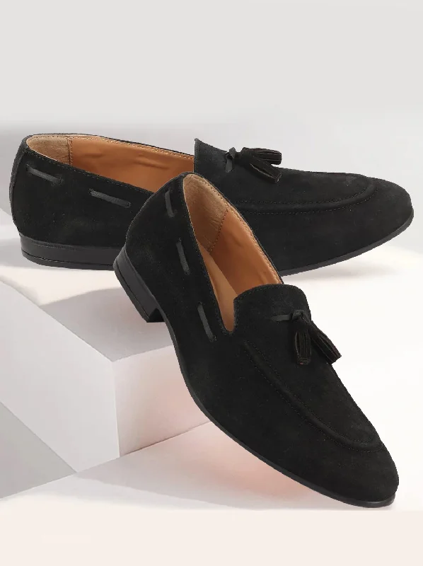 Sumptuous Finish Men Black Suede Leather Casual Tassel Loafer Shoes