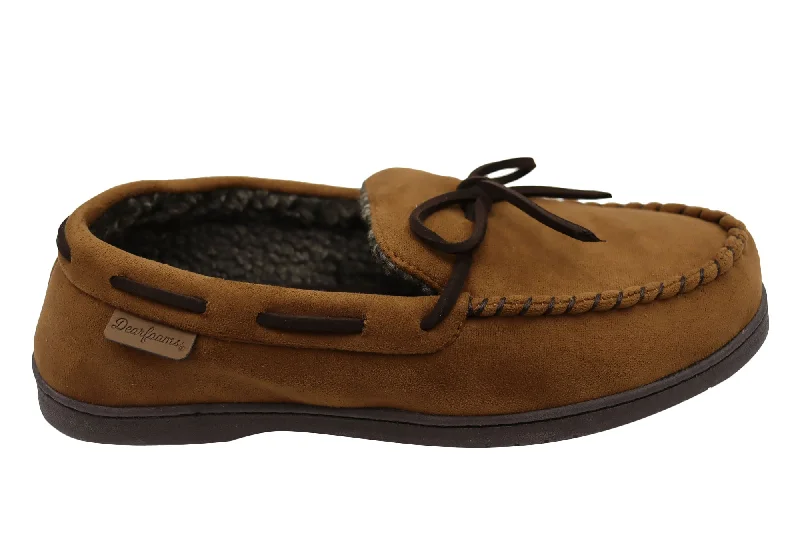 High Impact Dearfoams Mens Toby Microsuede Moccasin With Whipstitch & Tie Slippers