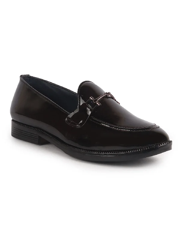 Contemporary Twist Men Brown Patent Leather Horsebit Buckle TPR welted Sole Ethnic Slip On Shoes|Party Shoe|Anti Skid Sole