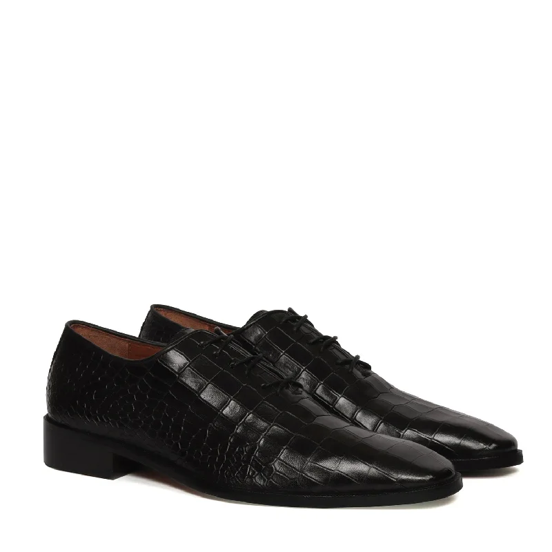 Aesthetic Appeal Black Slant Toe Oxford Shoes with Full Croco Textured Leather (Designed For T-20 Wolrd cup 2023 Team India )
