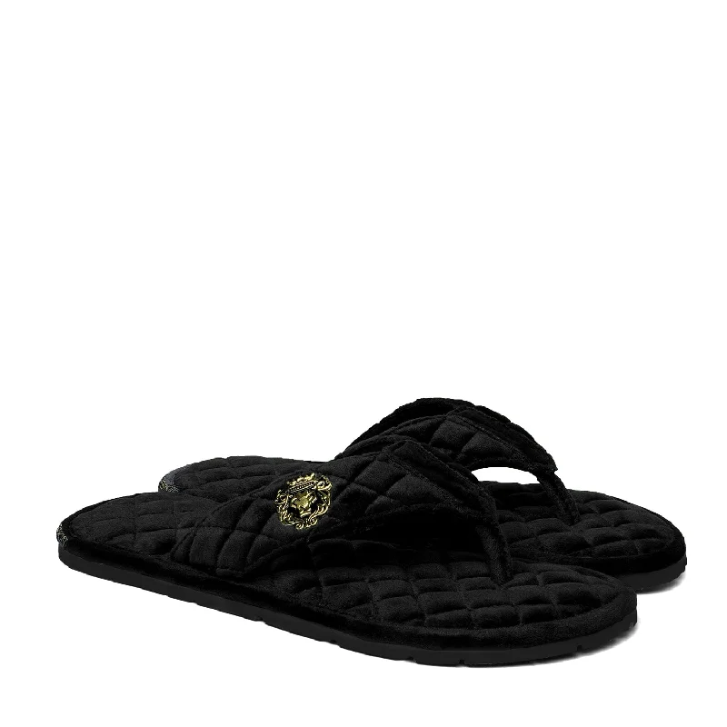 Urban Edge V-Strap Italian Velvet Slippers in Black Full Quilted Stitched Pattern
