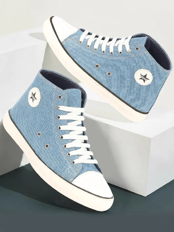 Monochrome Appeal Men Sky Blue Mid Top Star Toe Cap Upper Denim 8-Eye Lace Up Canvas Sneakers Shoes